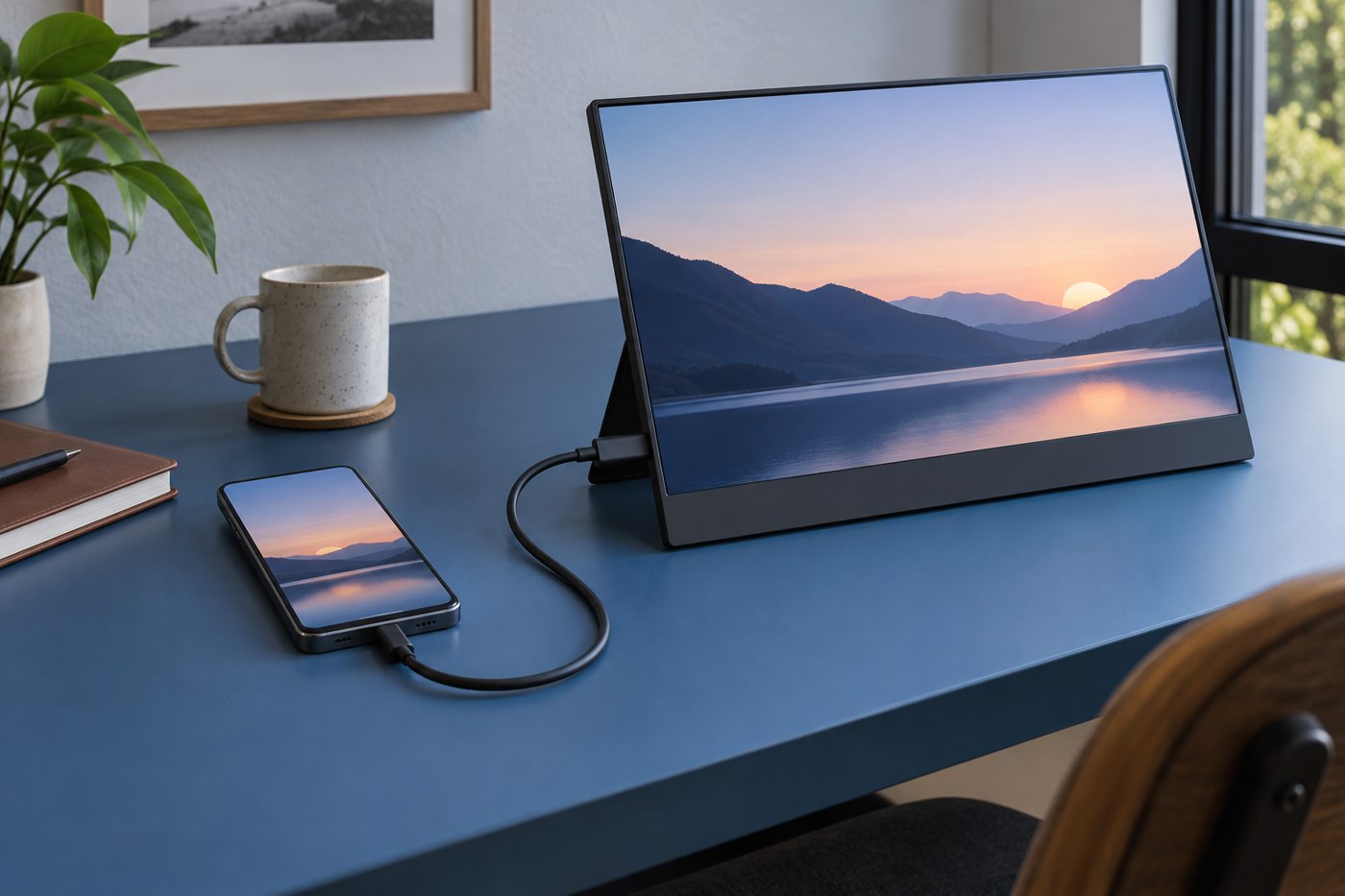Phone connected by cable to a portable display