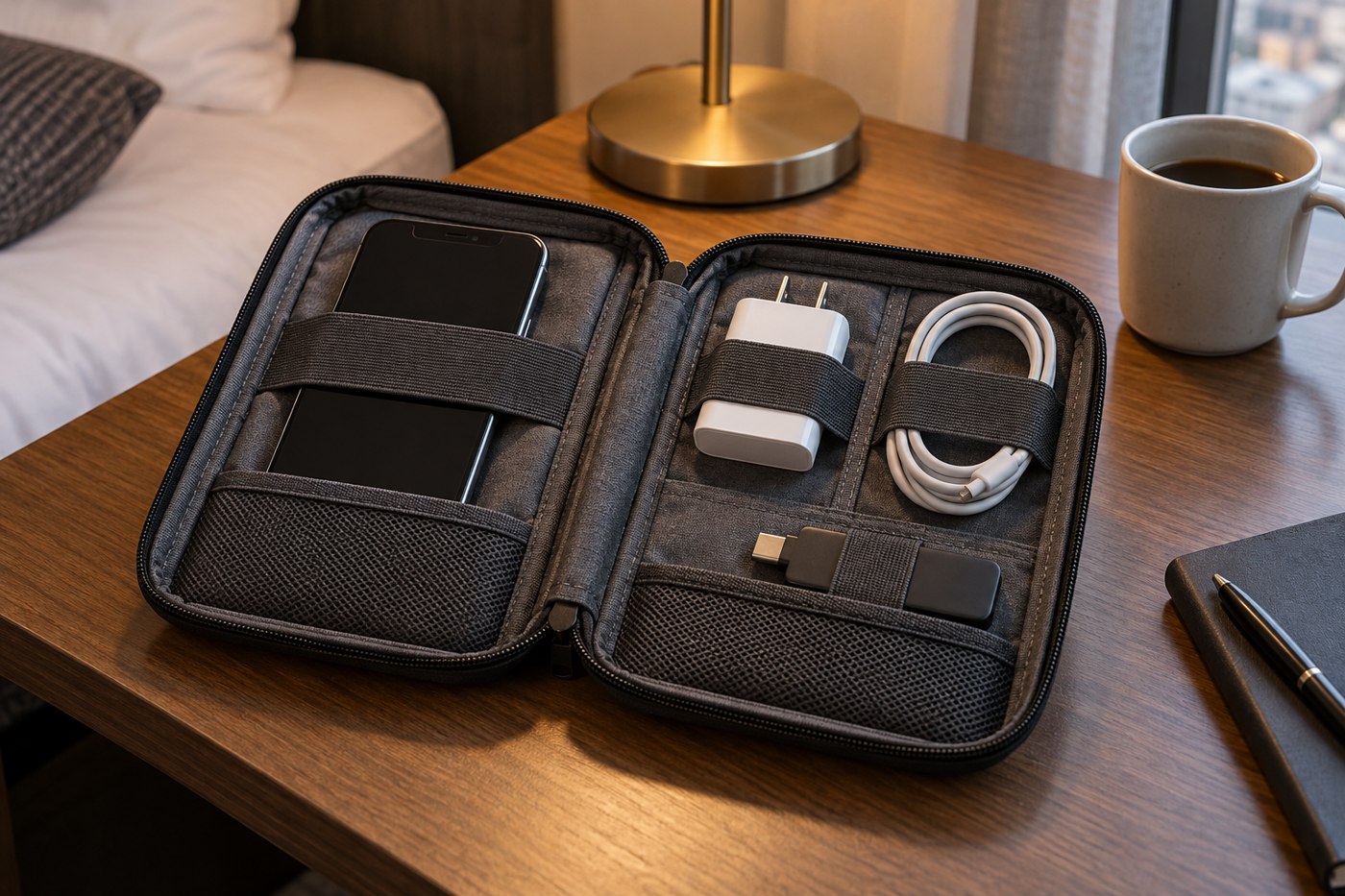 Open organizer pouch holding a phone, charger and cable
