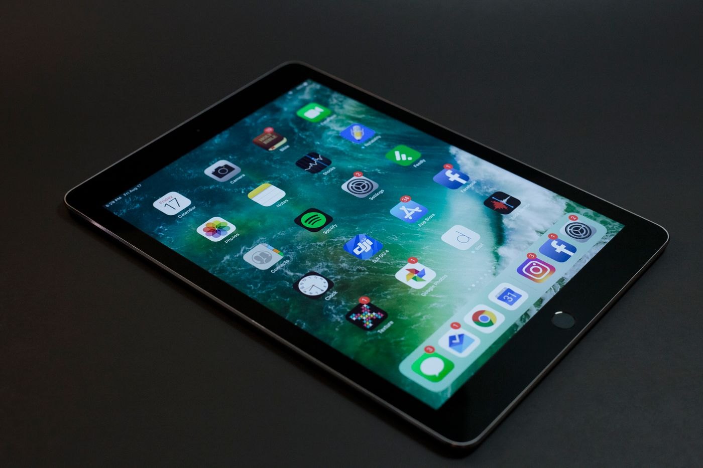Tablet home screen viewed at an angle