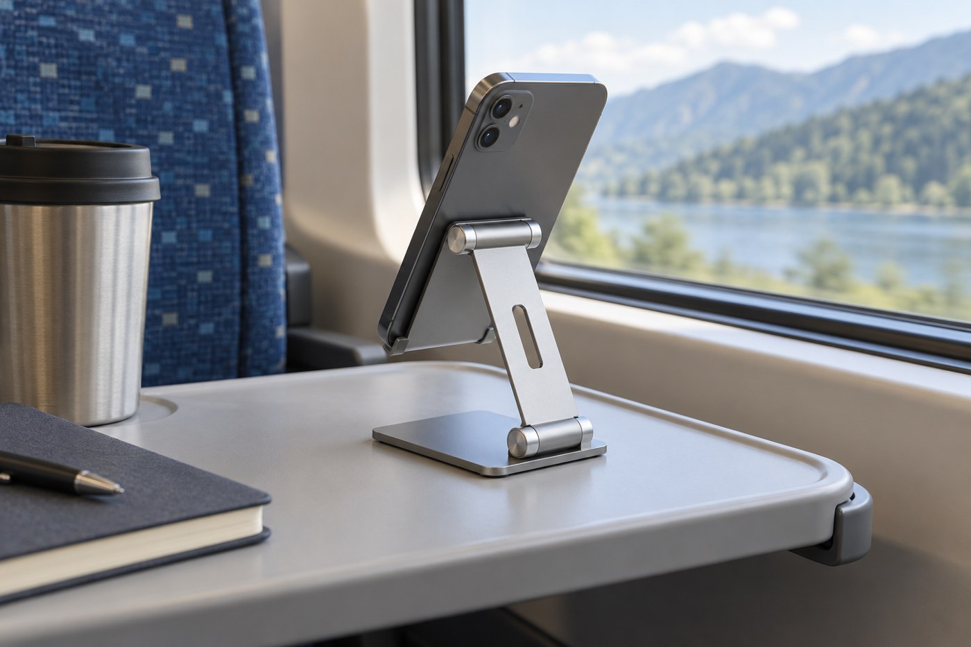 Folding metal phone stand on a train tray table