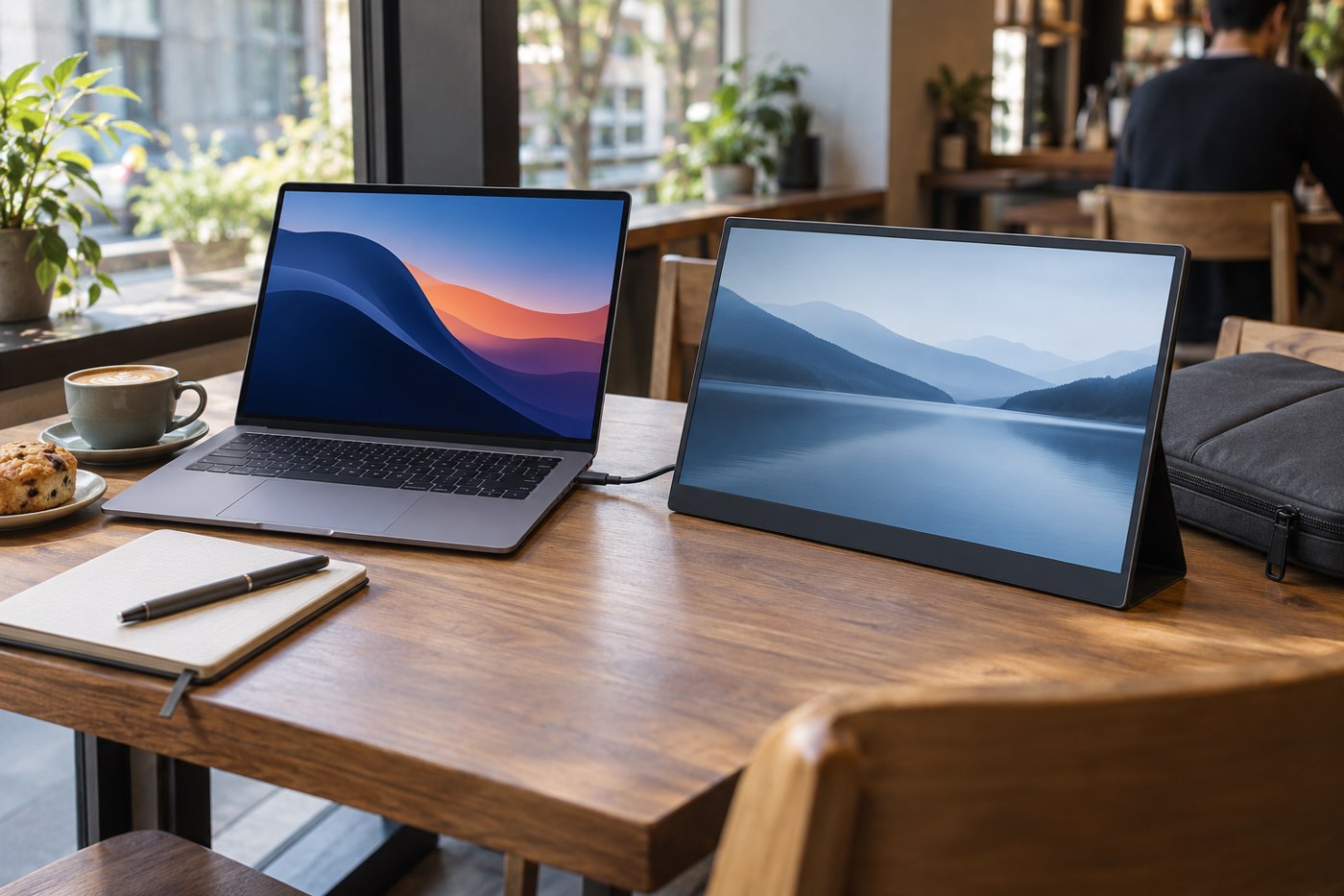 Portable monitor beside a laptop and travel bag