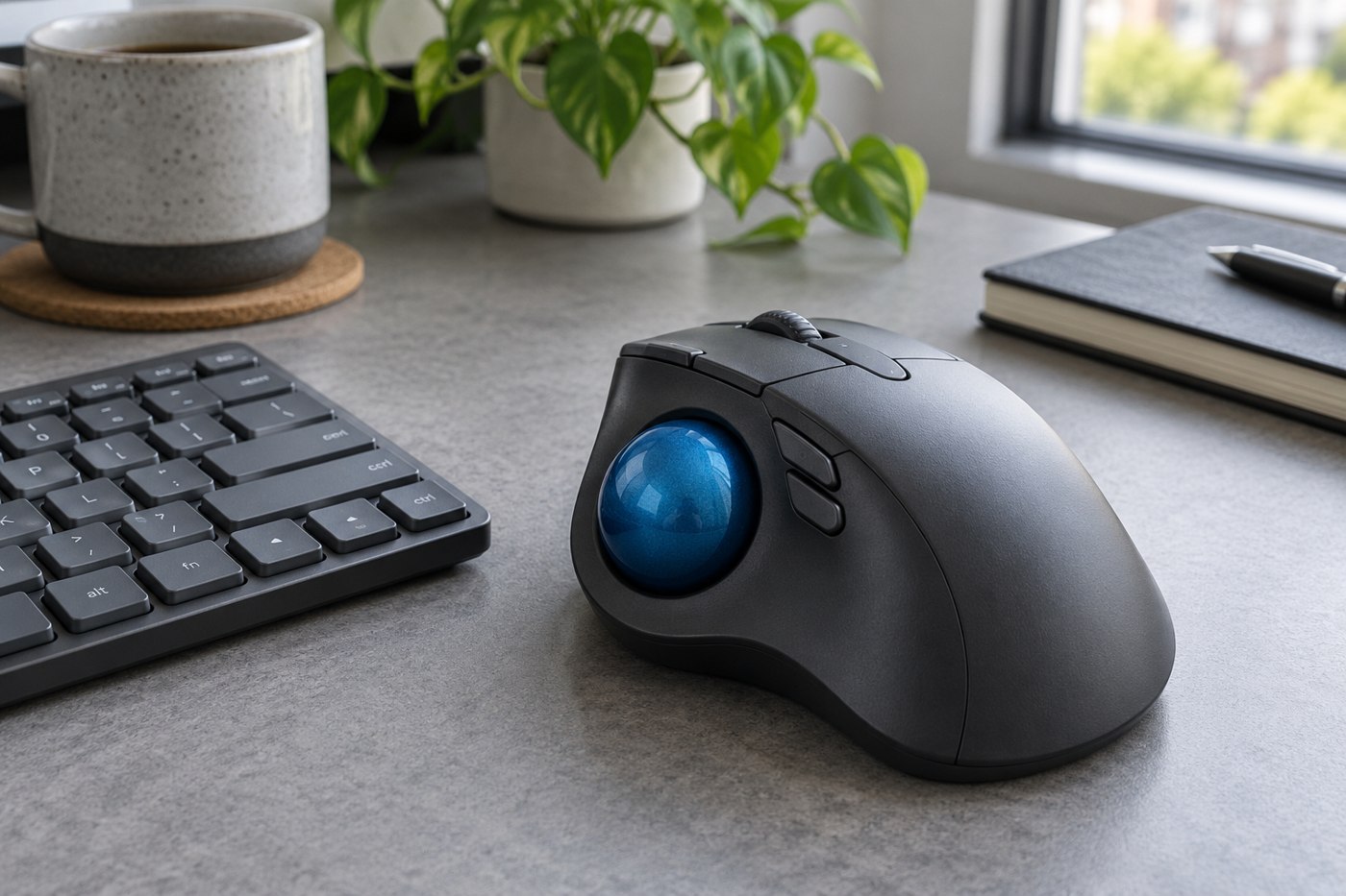 Desktop trackball with a blue thumb-operated ball