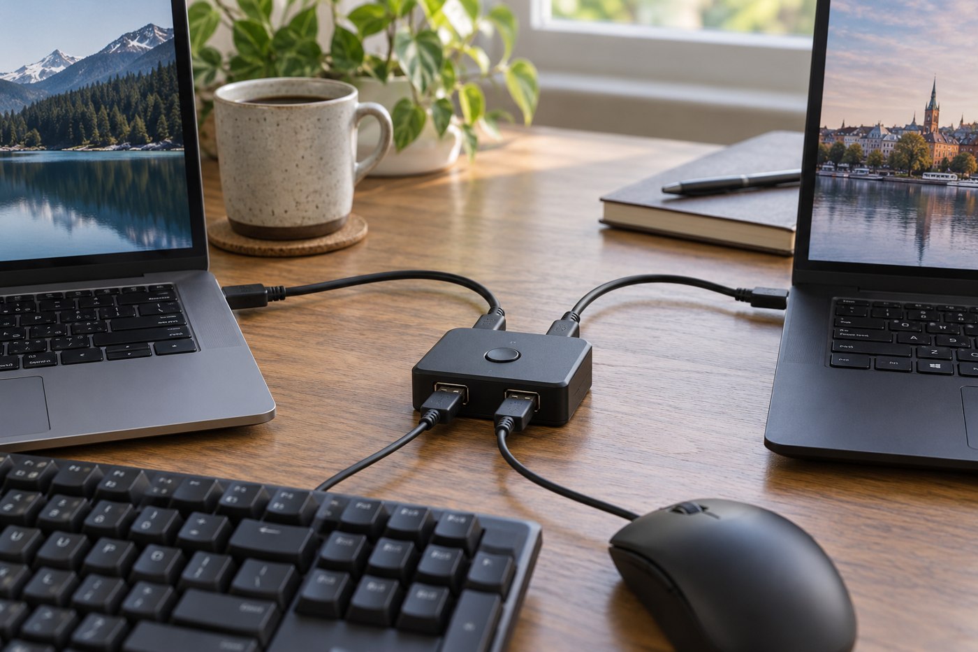 USB sharing switch connected to two laptops and desk peripherals
