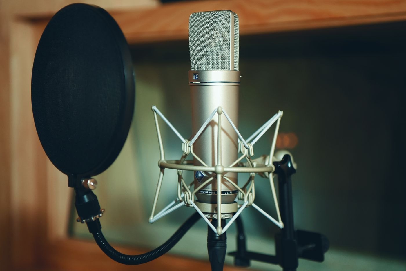 Round pop filter positioned in front of a microphone