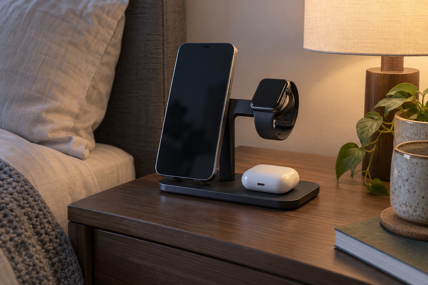Charging stand holding a phone, watch and earbud case