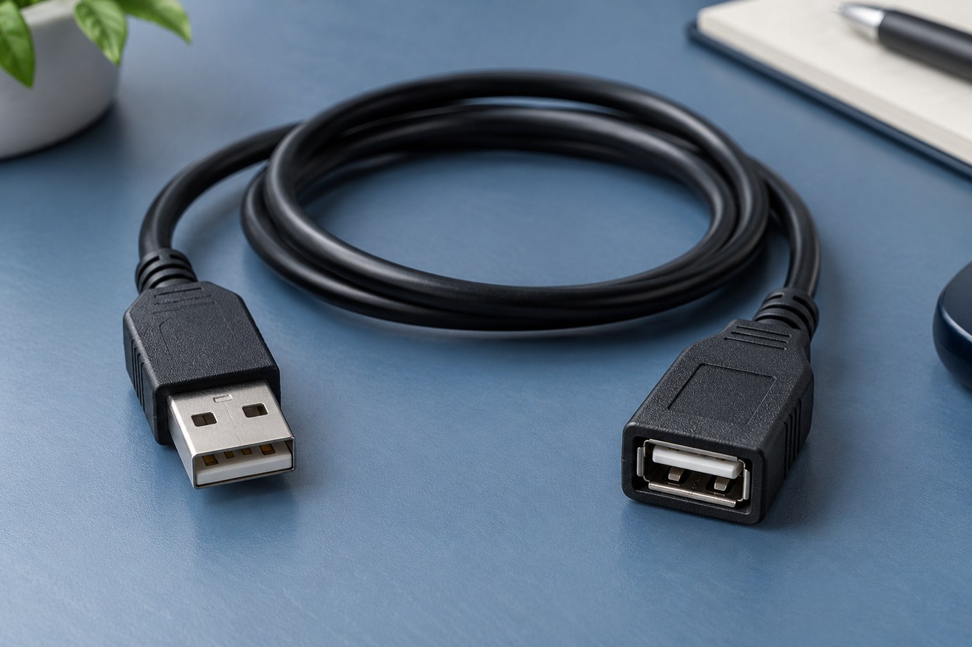 USB-A extension cable with male and female connectors