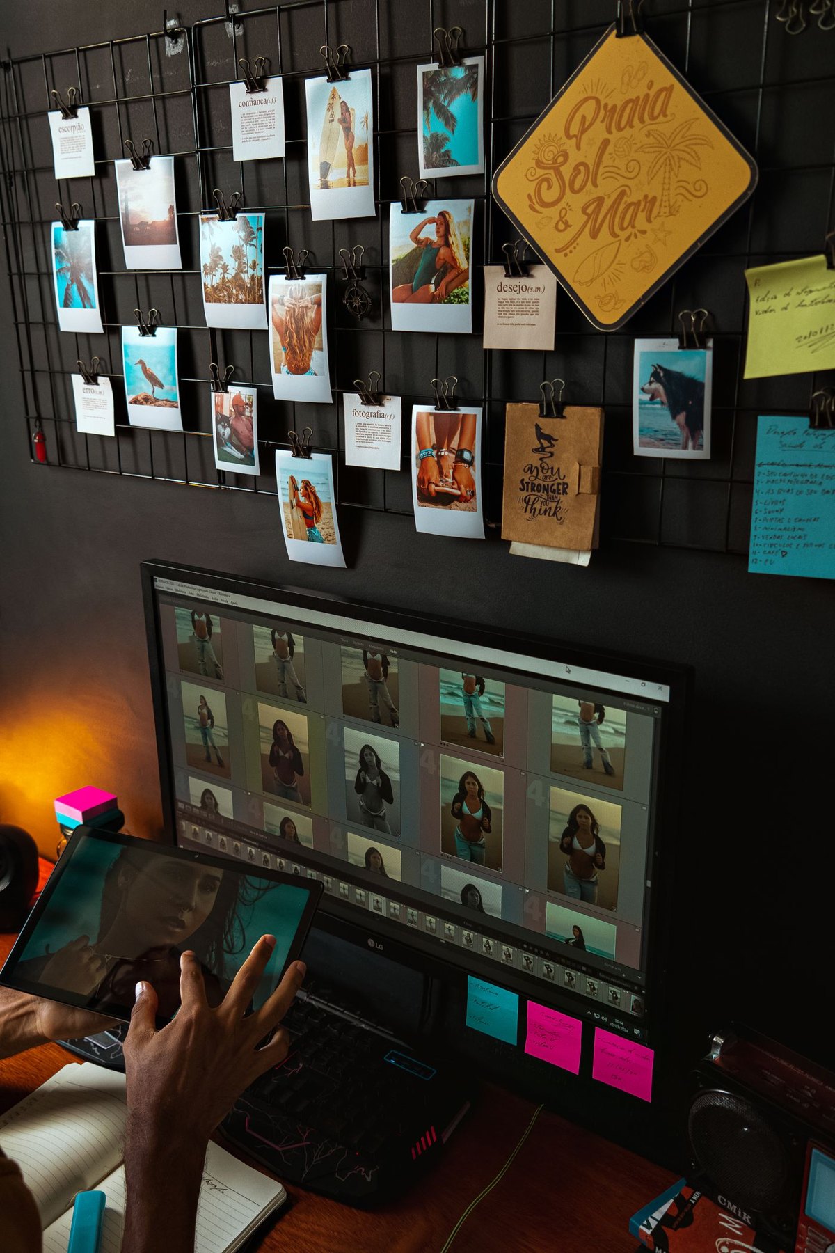 Photographer reviewing a grid of images on a monitor