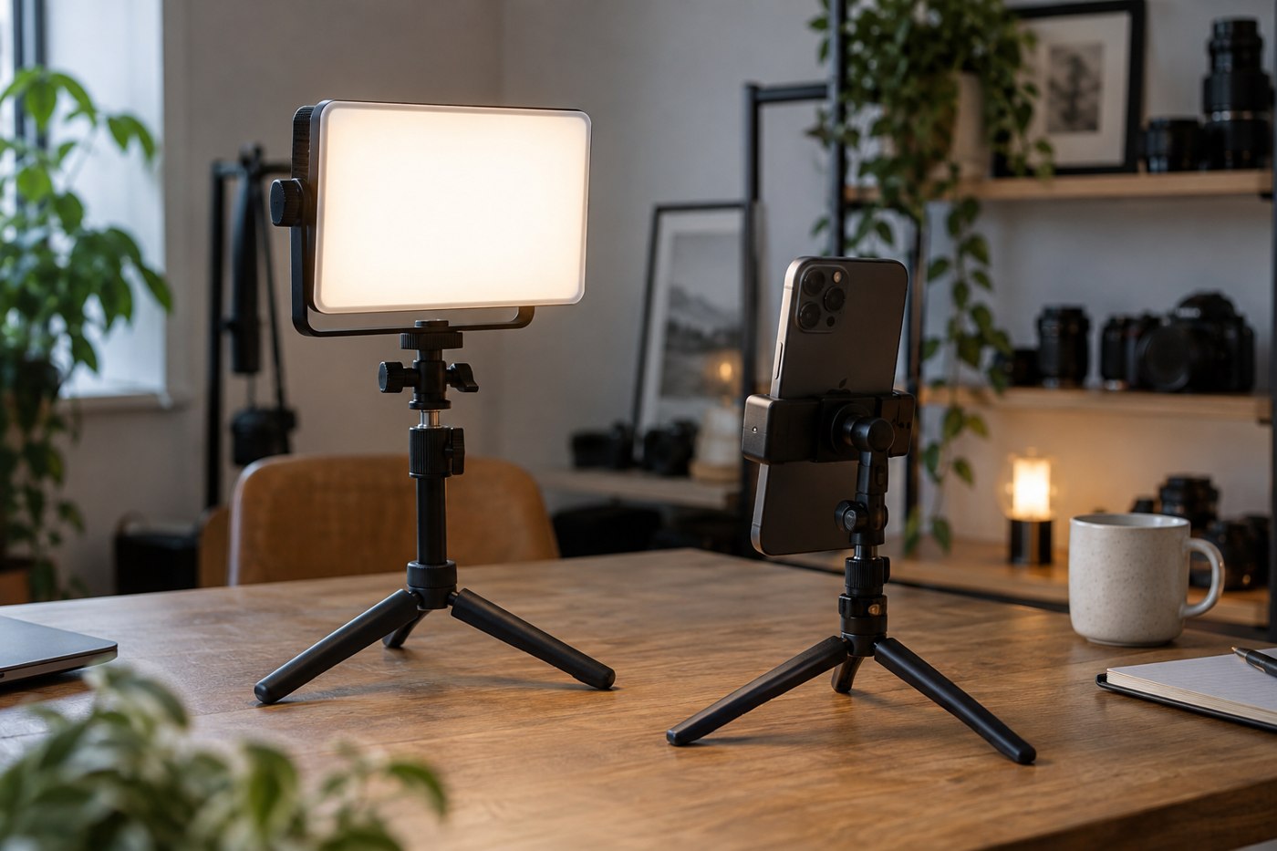 Small LED video light beside a phone on a stand