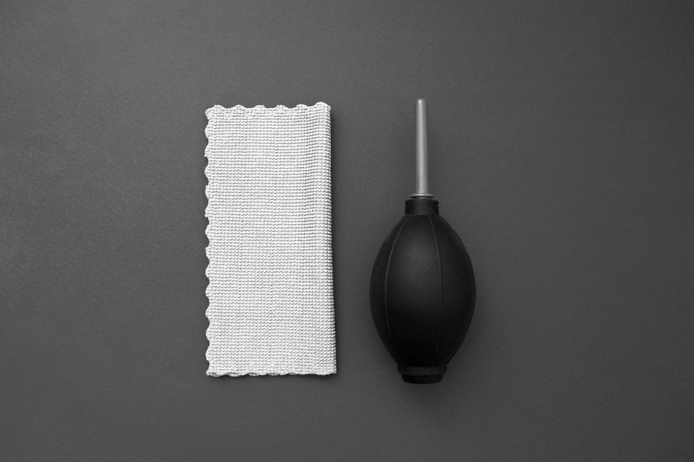 Microfiber cloth and rubber lens-cleaning blower
