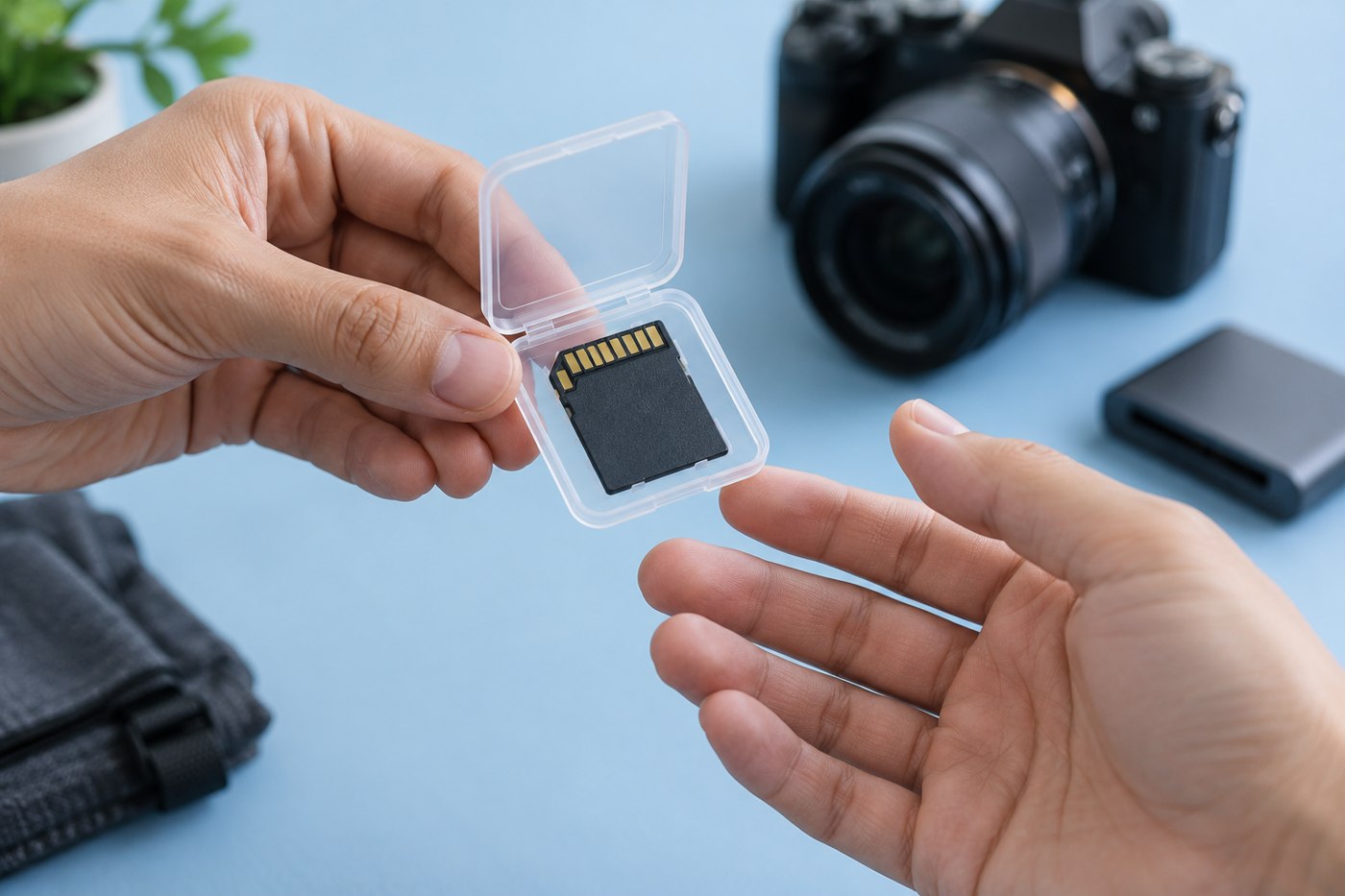 SD memory card in a protective case handed over beside a camera