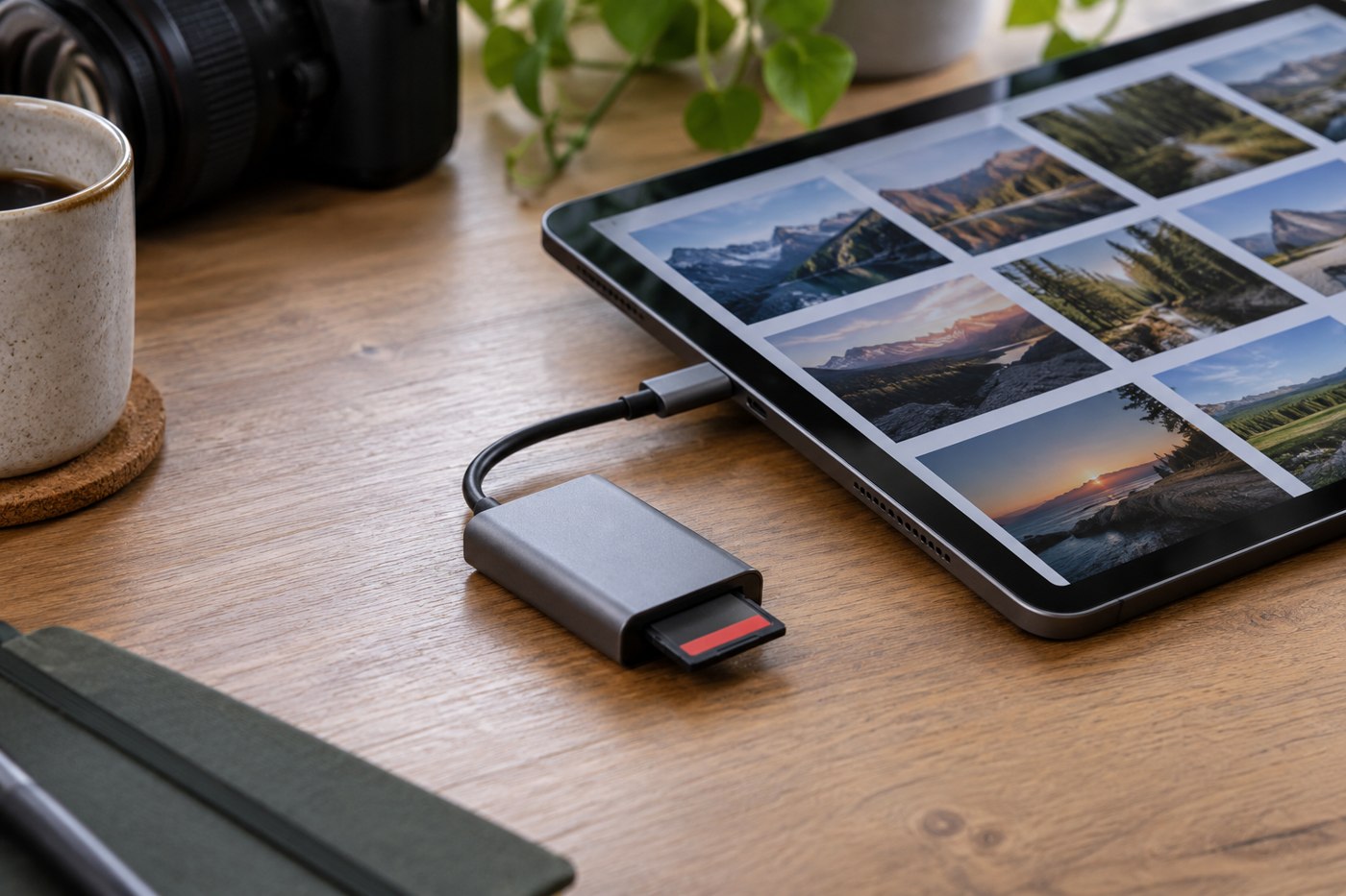 Memory card reader connected to a tablet
