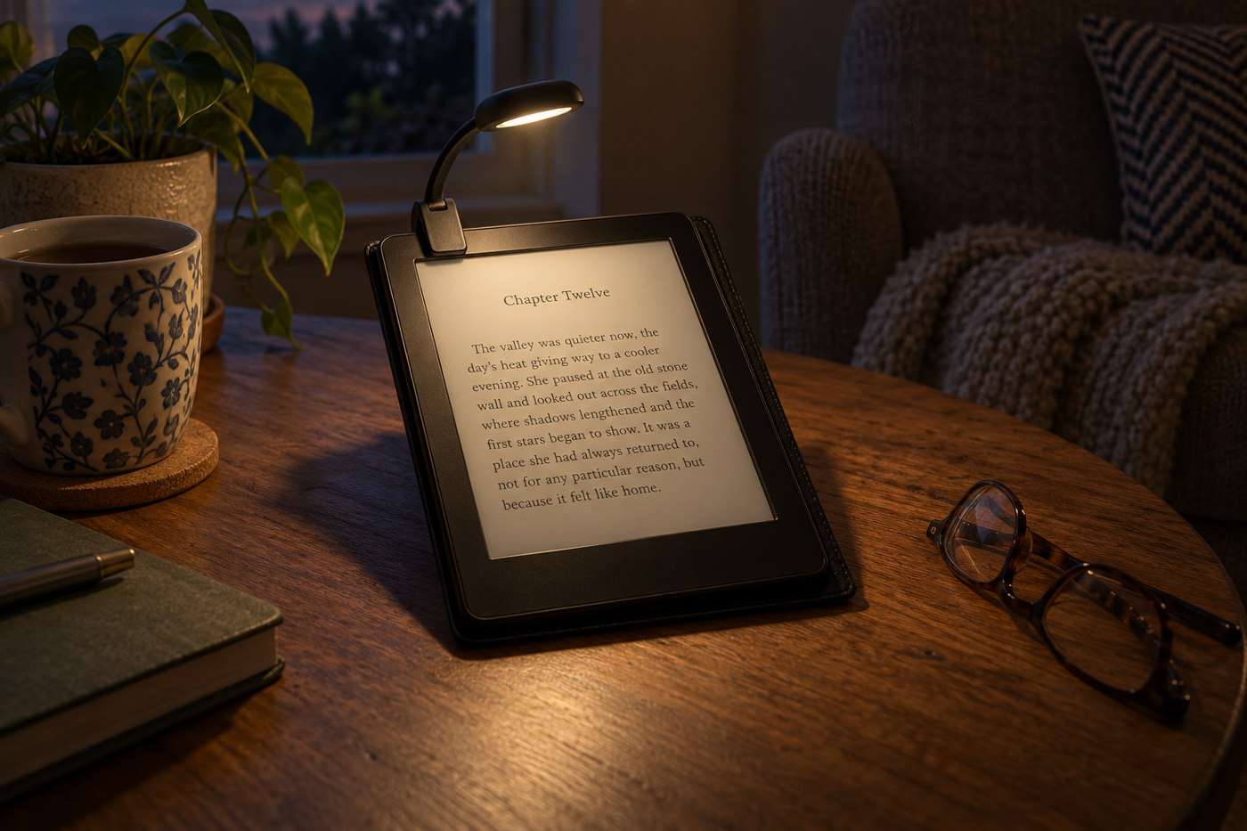Clip-on reading light illuminating an e-reader