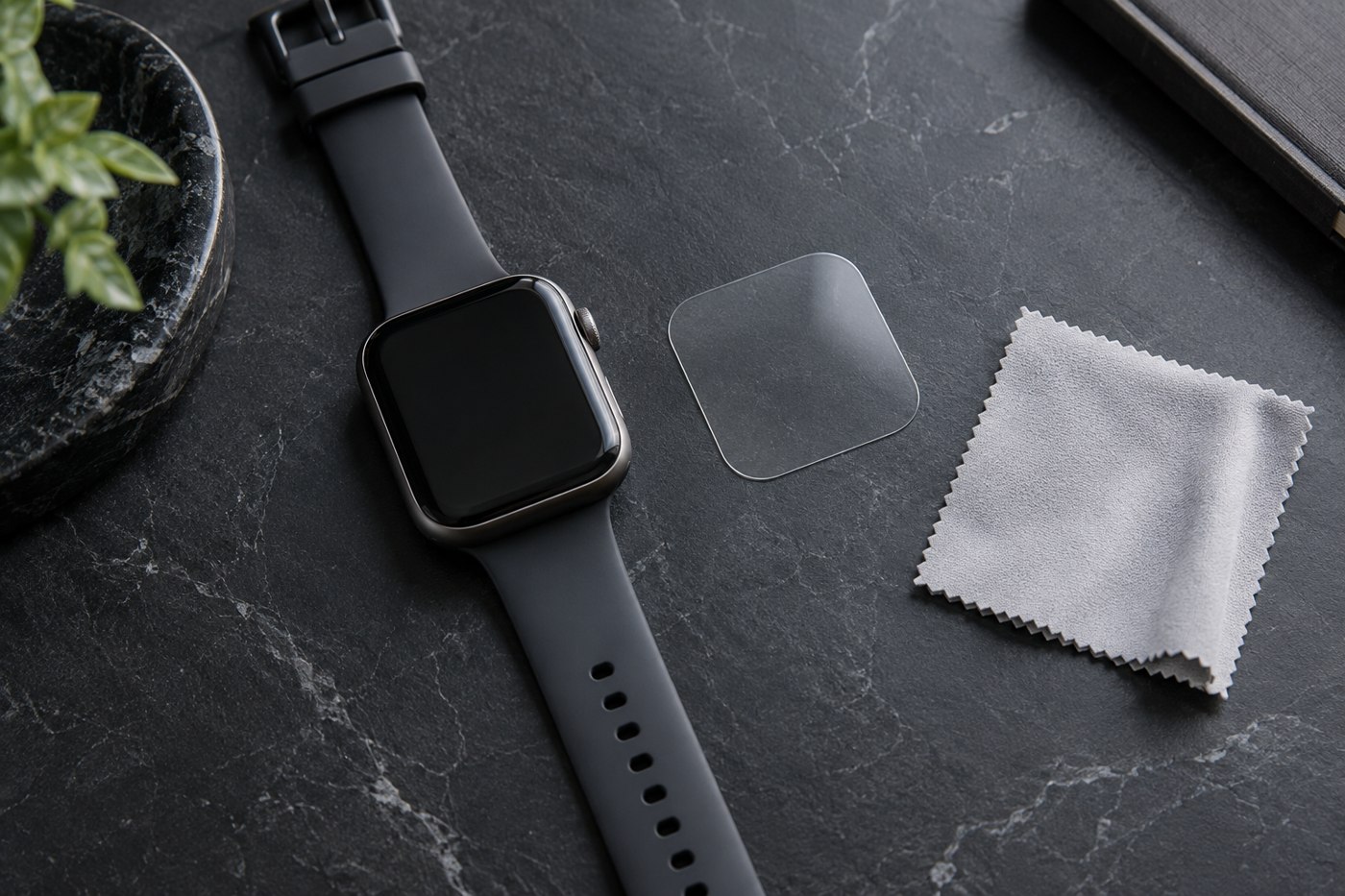 Smartwatch beside a clear screen protector and cloth